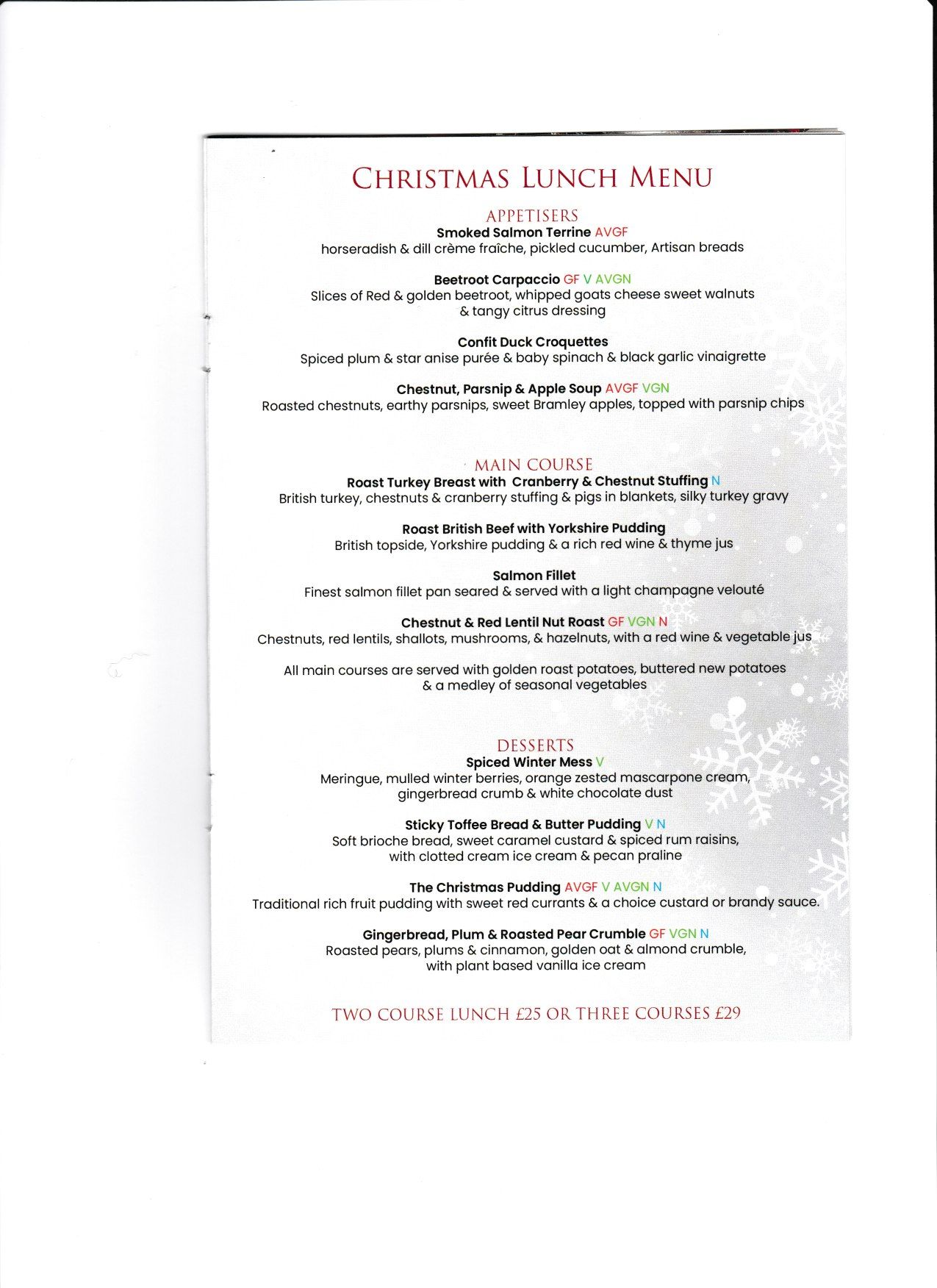 Christmas Lunch menu
